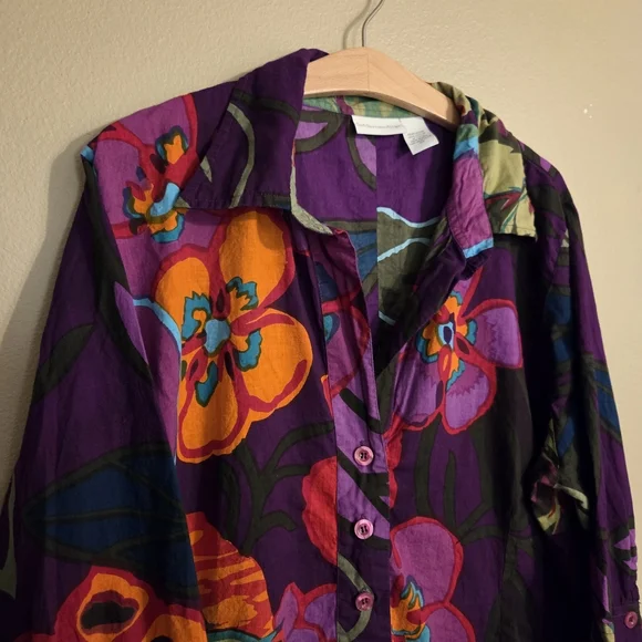 SOFT SURROUNDINGS Sadie Purple Multicolor Floral Print Cotton ¾ Sleeve Tunic 2X - Picture 3 of 11